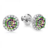 6mm Round Rainbow Topaz with White Diamond Halo Screw Back Stud Earrings for Women in 14K White Gold